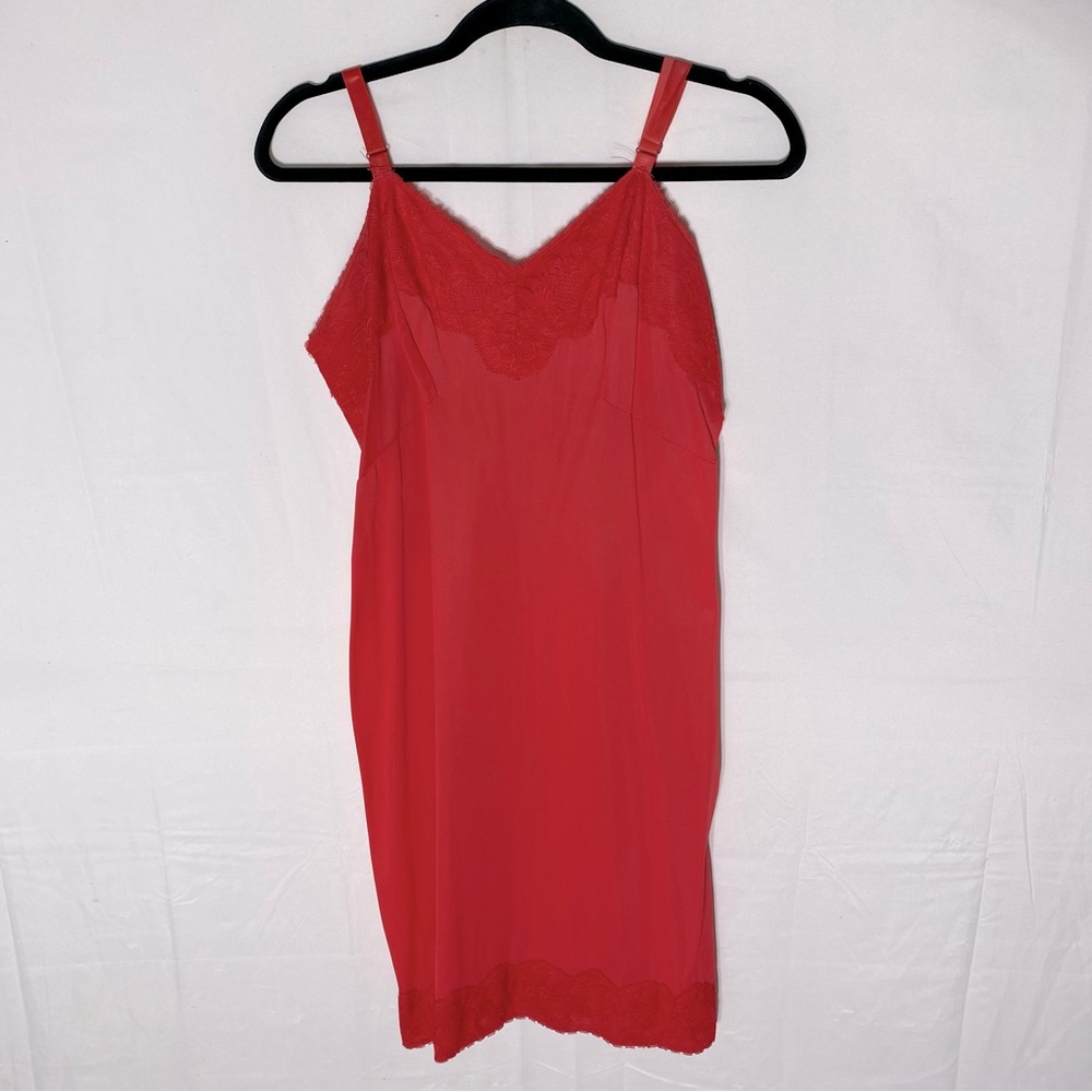 Vintage French Maid Red Satiny Slip Dress Sleep Dress Lingerie W Lace Trim XL